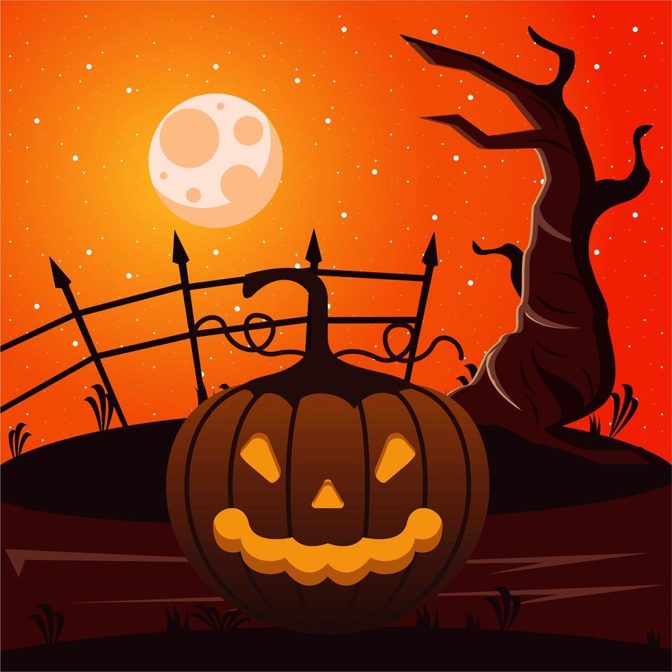 Feliz tarjeta de celebración de halloween con calabaza y escena lunar vector