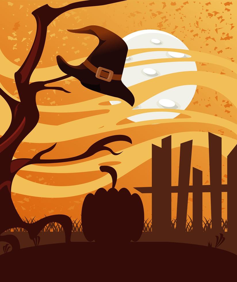 Feliz tarjeta de celebración de halloween con sombrero de bruja en la escena del árbol vector