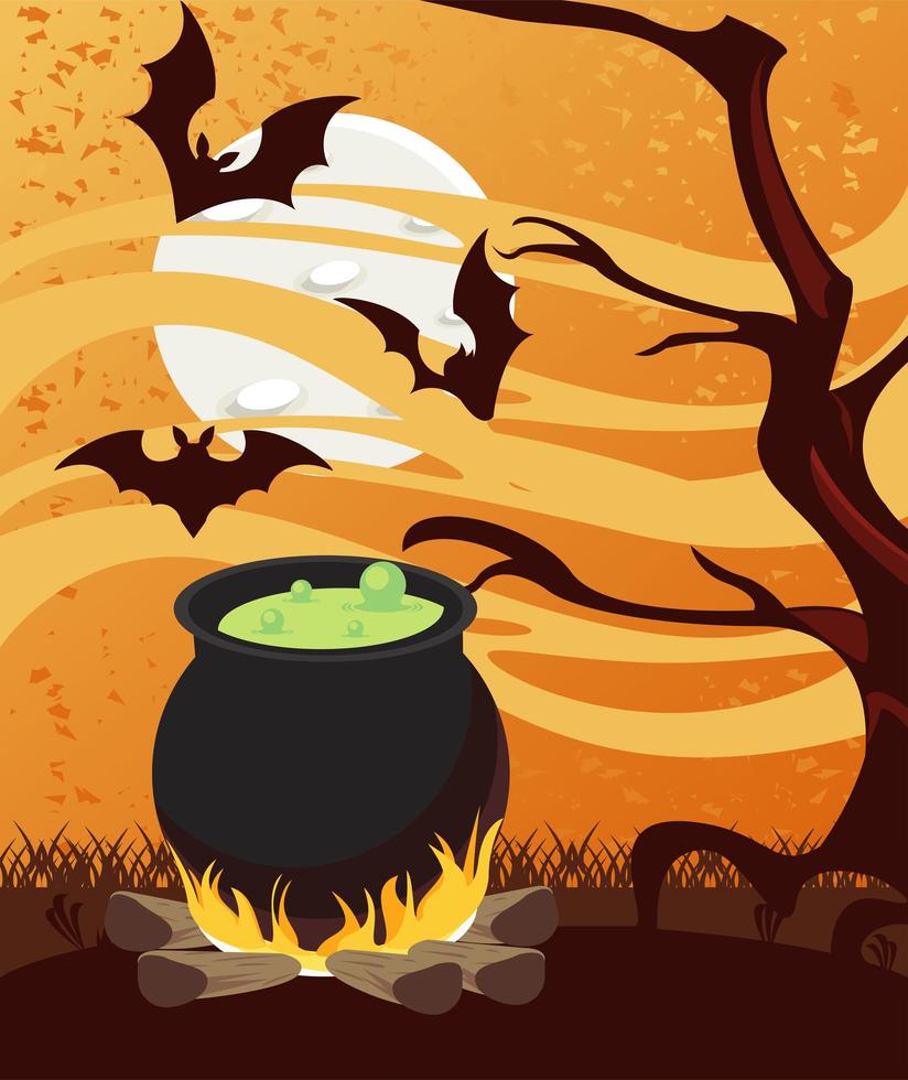 Feliz tarjeta de celebración de halloween con caldero y murciélagos volando en el bosque vector