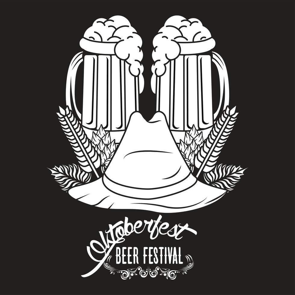 oktoberfest celebration festival with tyrolean hat and beers jars in black background vector