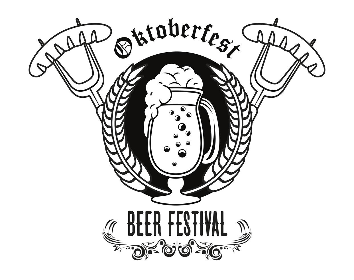 cartel del festival de celebración del oktoberfest con taza de cerveza y salchichas en tenedores vector
