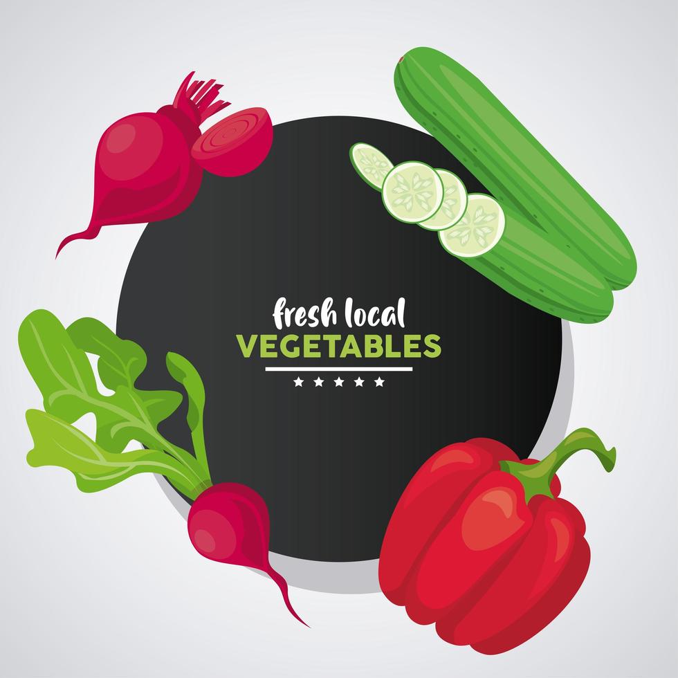 local fresh vegetables lettering in circle frame with background black vector