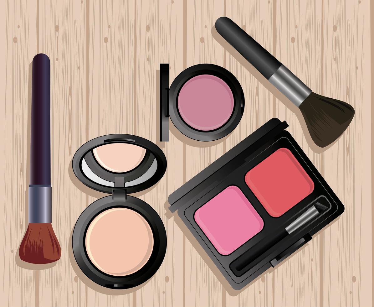 Maquillaje cosméticos en fondo de madera. vector