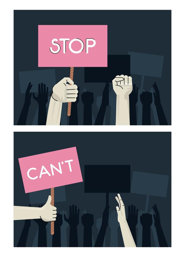 hands people protesting lifting banners with stop and cant words scenes vector