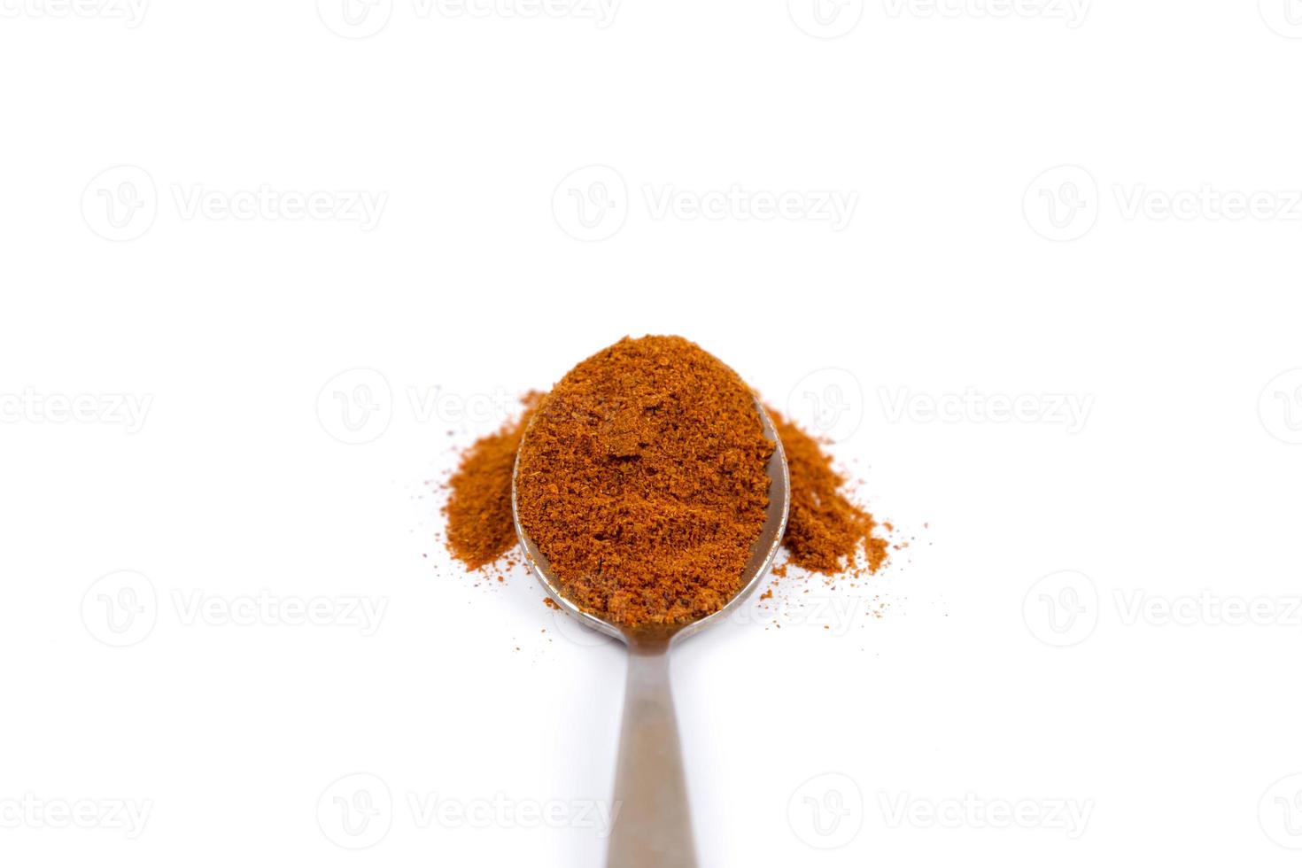 Red chili powder in metal spoon on white background photo