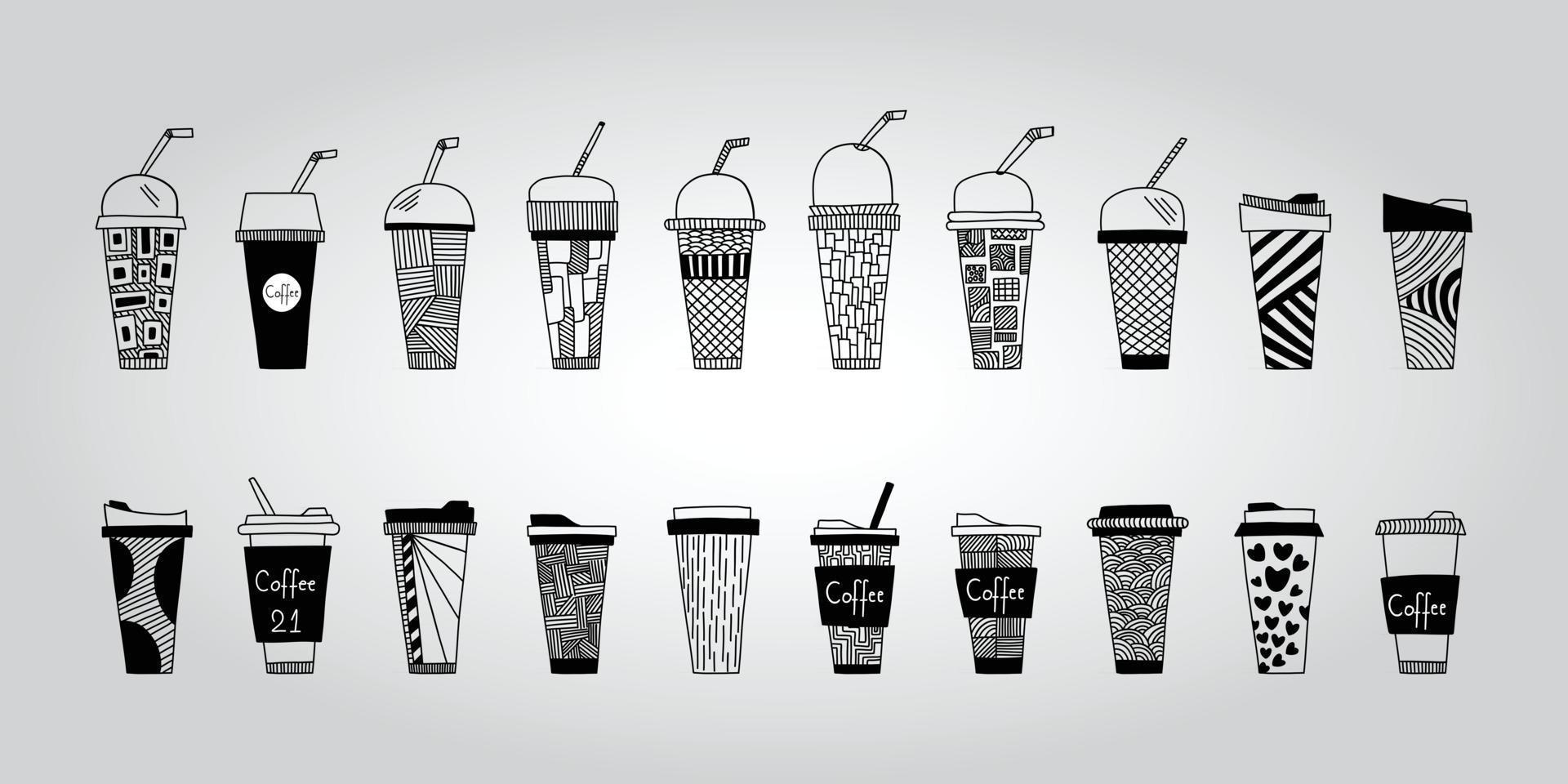 Collection of hand drawn glasses and hot and cold drinks with various patterns vector Illustration