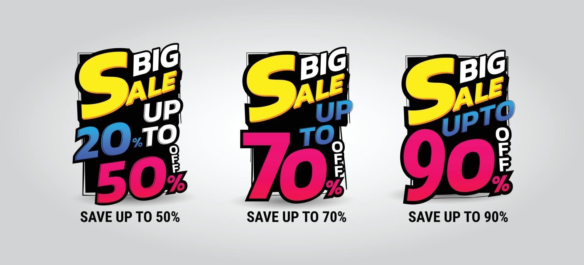 Big sale 3 sets upto 20 to 90 Vector illustration
