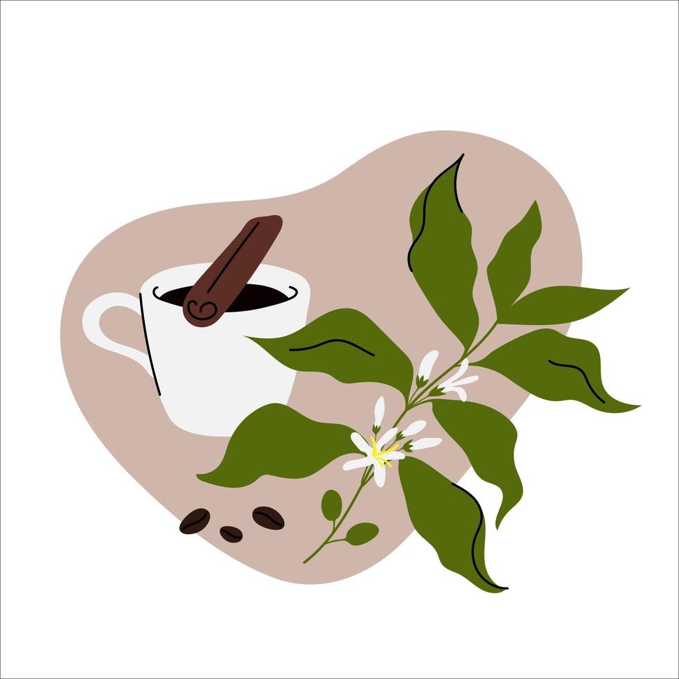 Organic Coffee composition a cup of coffee cinnamon stick Coffee branch and beans vector
