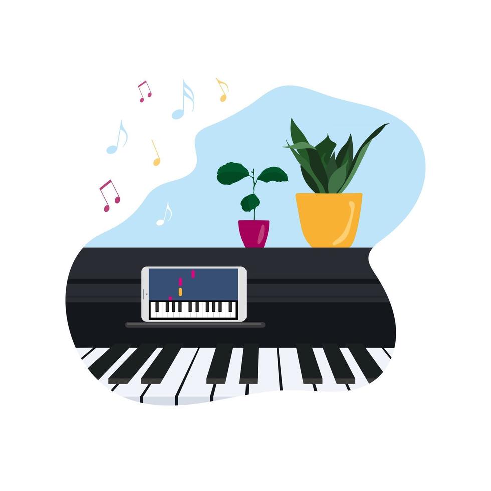 Concepto de lecciones de música en línea de autoeducación en casa ilustración vectorial con instrumento de piano y aplicación educativa de música en línea vector