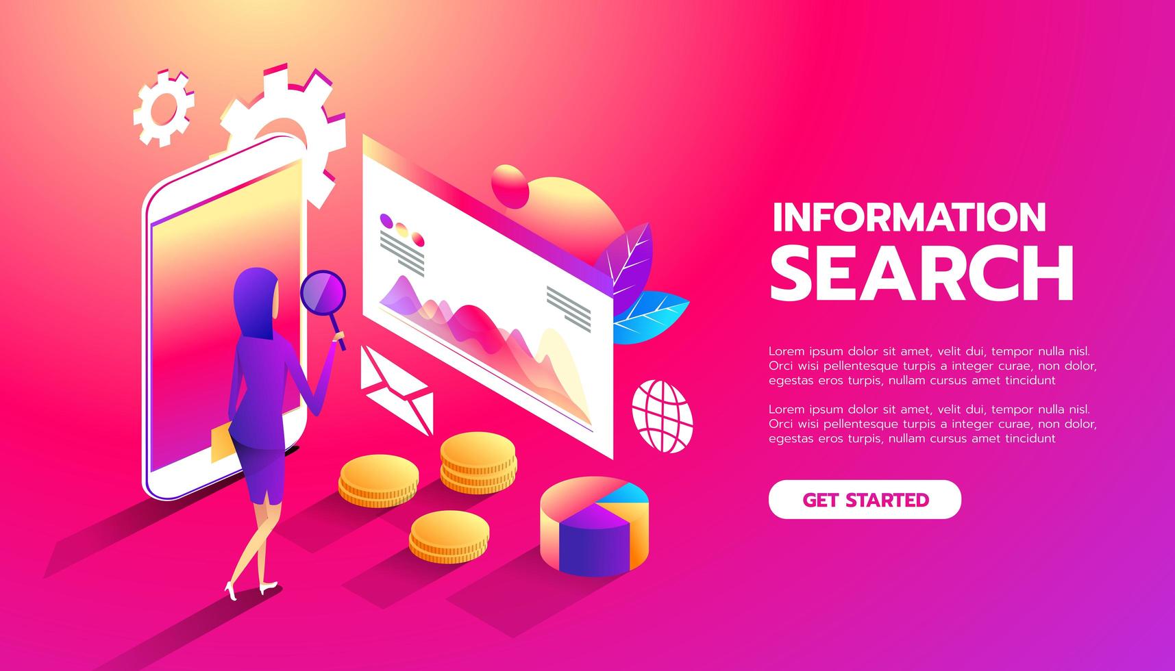 Information Search. Web analysis. business woman interacts with parts of the interface. Women studies and analyzes the mobile web application interface vector