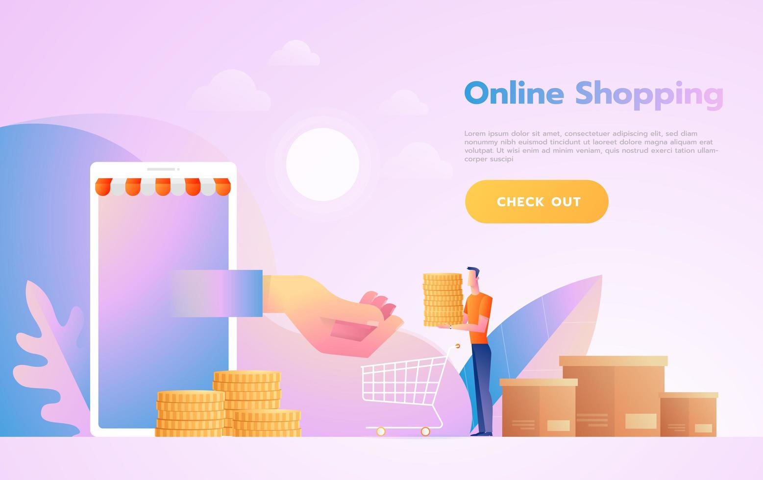 E-commerce or online shopping concept with hands reaching out of a computer screen holding a shopping product. vector