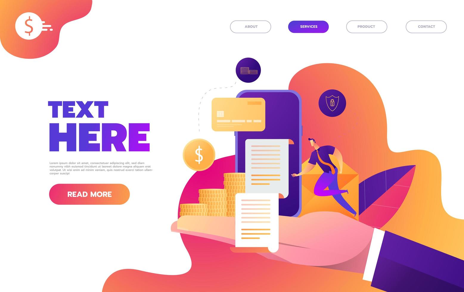 Business mobile application website or landing page design. Man running up hand to bill coming out of smartphone. vector