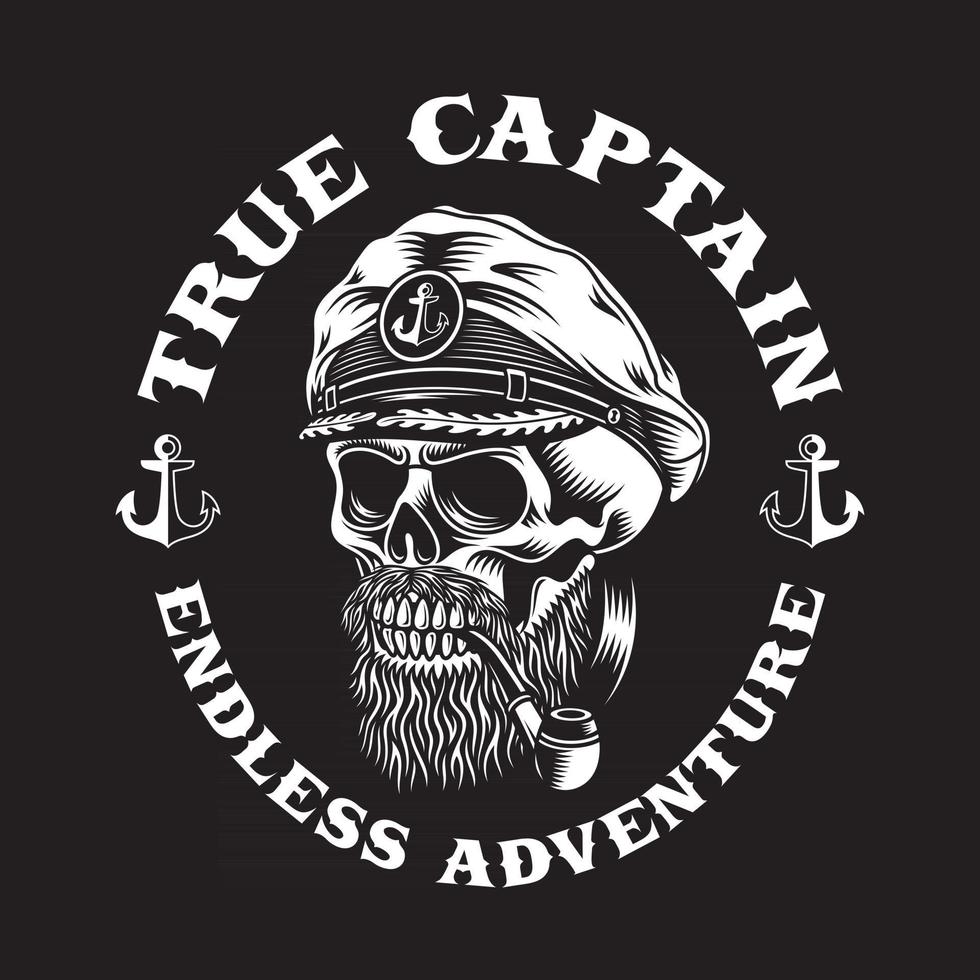 Bearded Sea Captain Skull With Smoking Pipe On Black vector