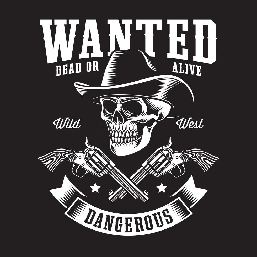 Vintage Cowboy Skull With Crossed Revolvers On Black vector