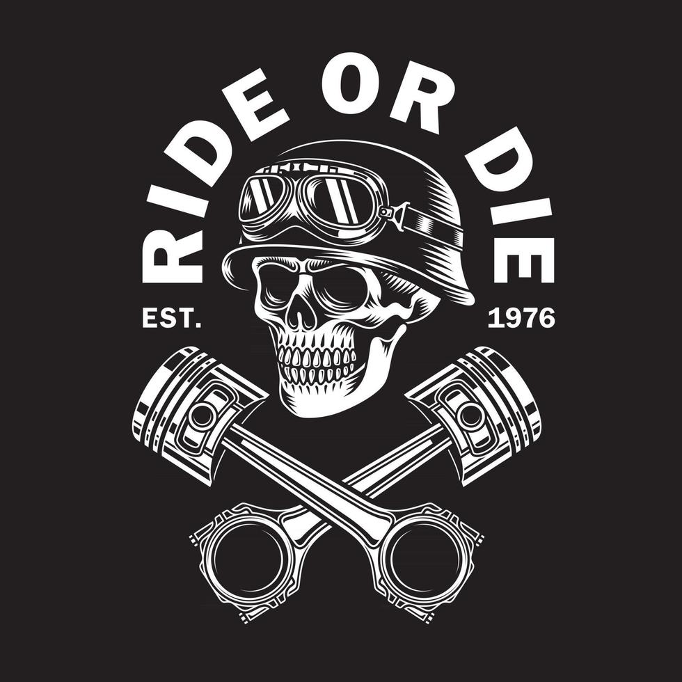 Vintage Biker Skull With Crossed Pistons On Black vector