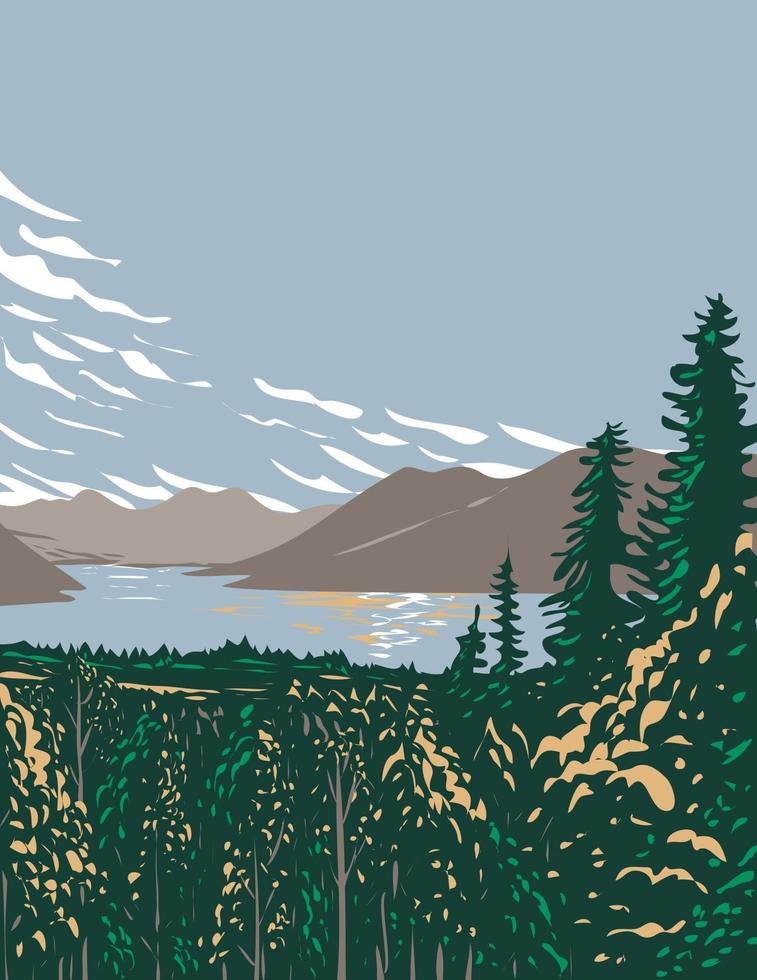 lago skilak en la península de kenai alimentado por agua de deshielo del glaciar skilak ubicado en el parque nacional de los fiordos de kenai en alaska wpa poster art vector