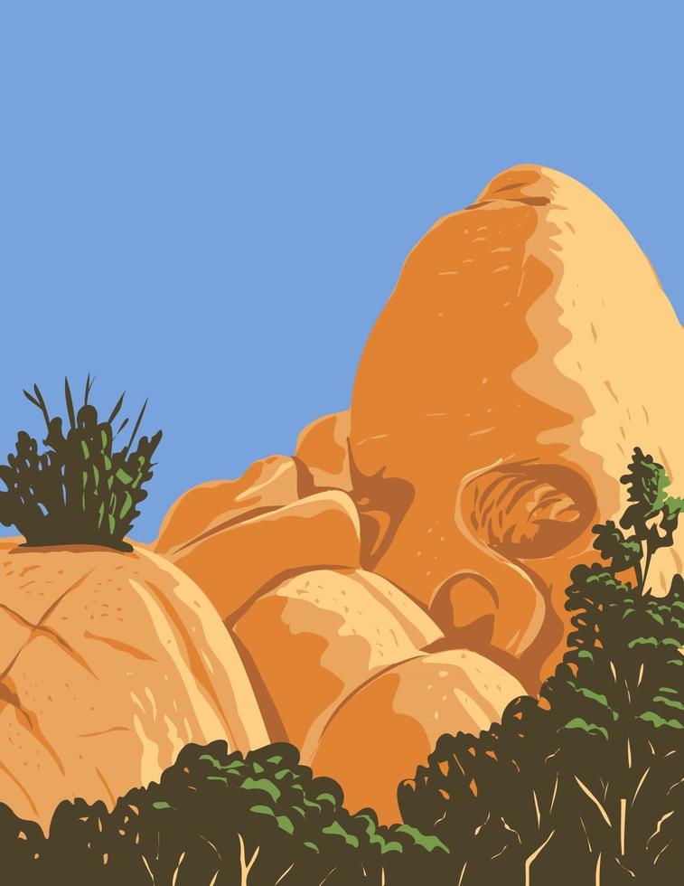 Formación de roca de granito del desierto en forma de cráneo creada por la erosión conocida como roca del cráneo ubicada en el parque nacional joshua tree en california wpa poster art vector