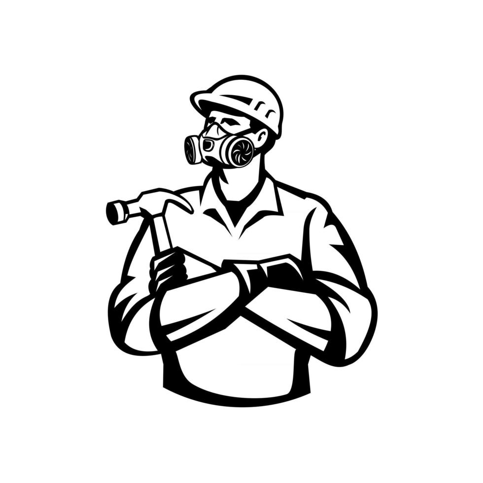 Builder Carpenter Wearing Mask Respirator Gas Vapor Cartridges Arms Crossed Holding Hammer Retro Retro Style vector