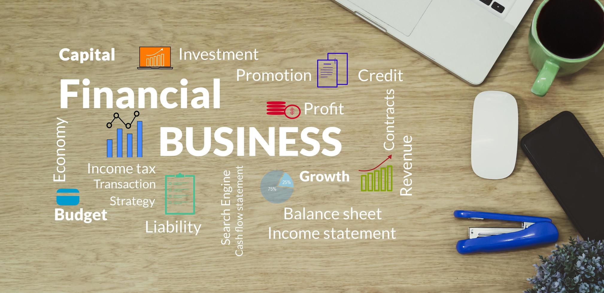 Business finance concept, financial business keywords on a wooden office background photo