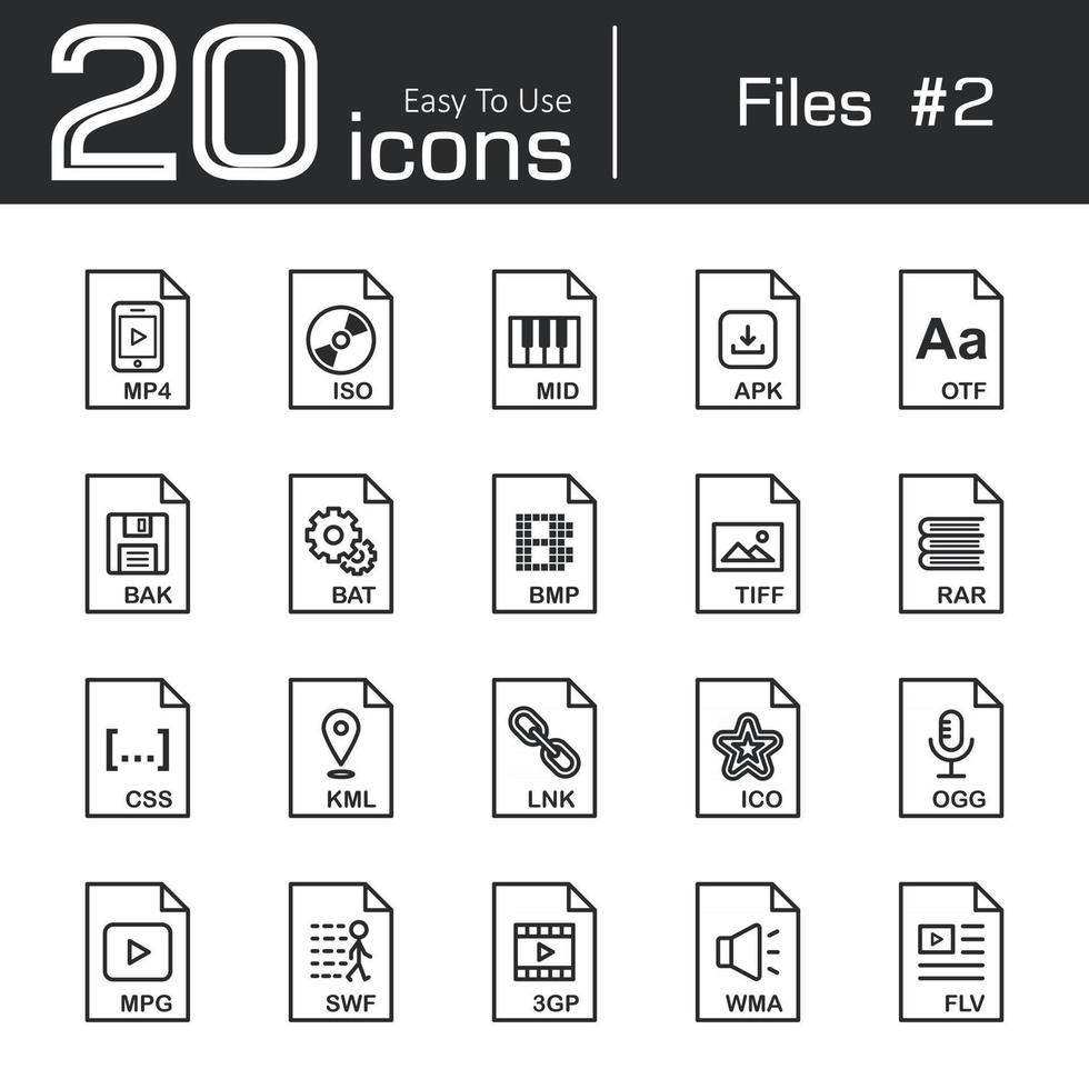 archivos icono conjunto 2 mp4 iso mid apk otf bak bat bmp tif rar css kml tinta ico ogg mpg swf 3gp wma flv vector