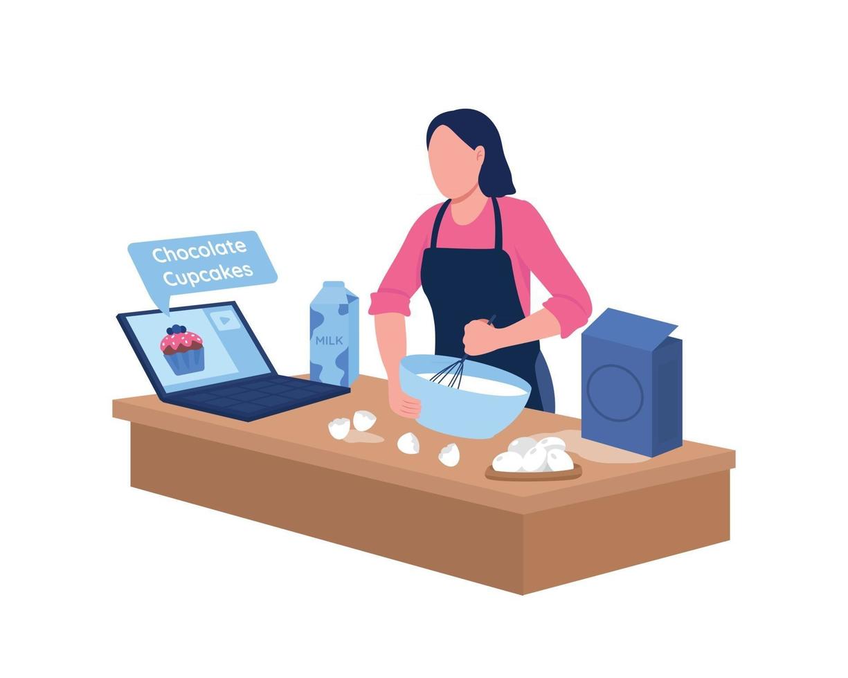 Caucasian woman baking with online tutorial flat color vector faceless character