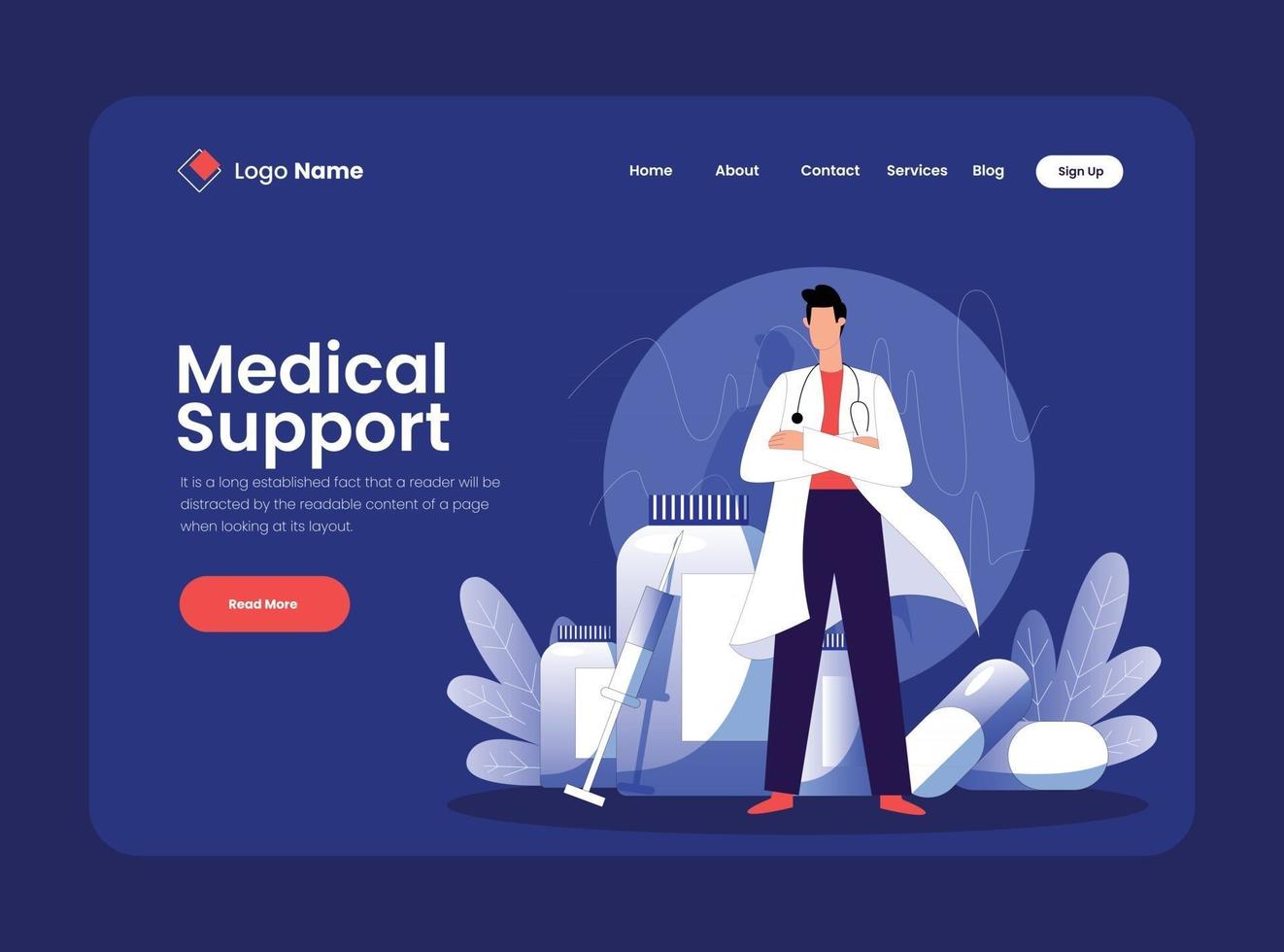 Concepto de ilustración de vector de diseño de página de destino de soporte médico