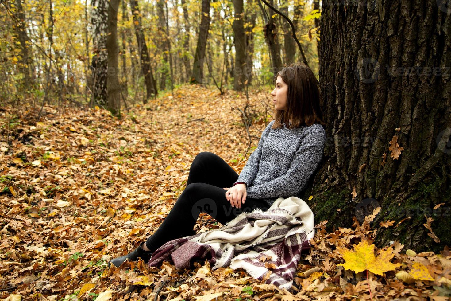 linda chica con una chaqueta gris sentada en el bosque de otoño foto