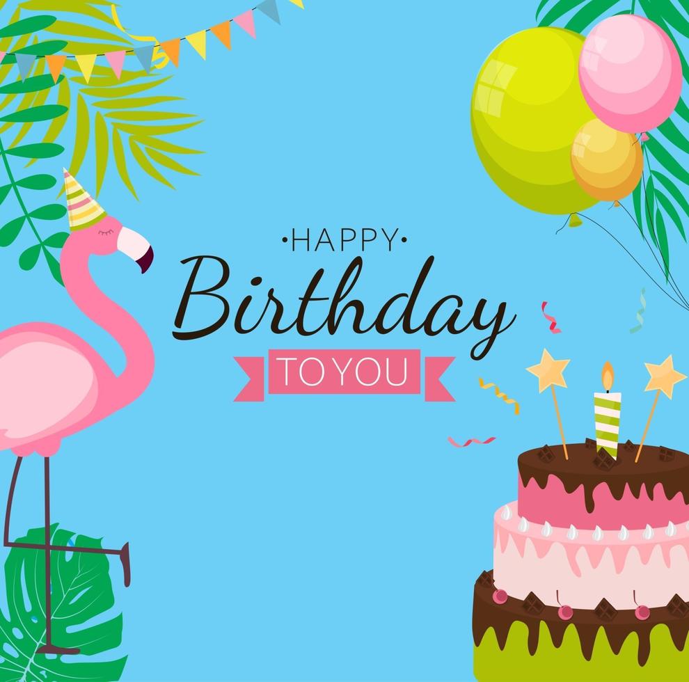 Cute Happy Birthday Background with Pink Flamingo, Cake and Candles. vector