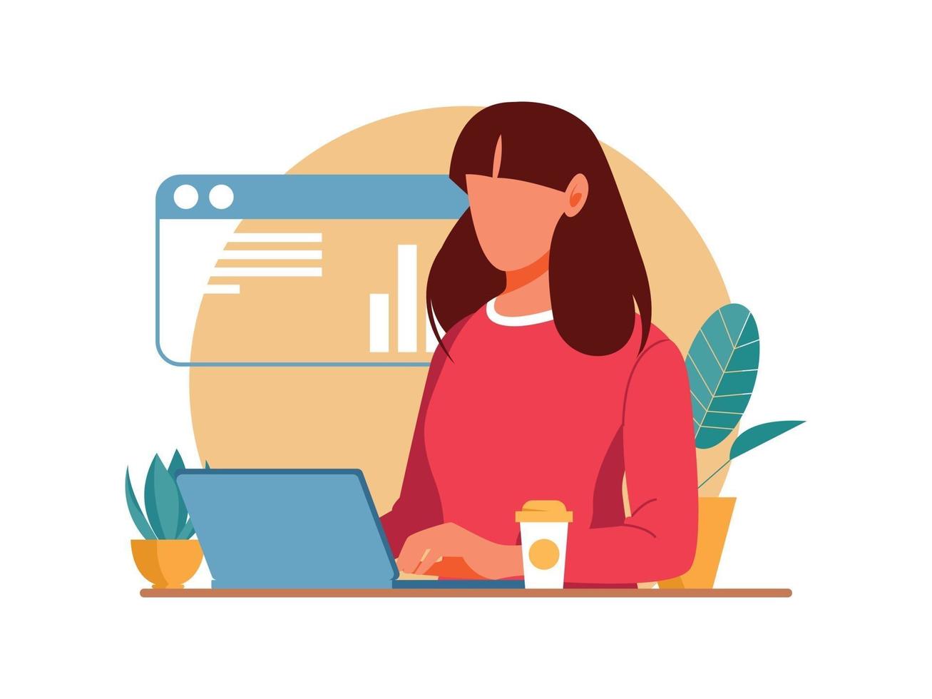 Beautiful cheerful young businesswoman working on laptop vector