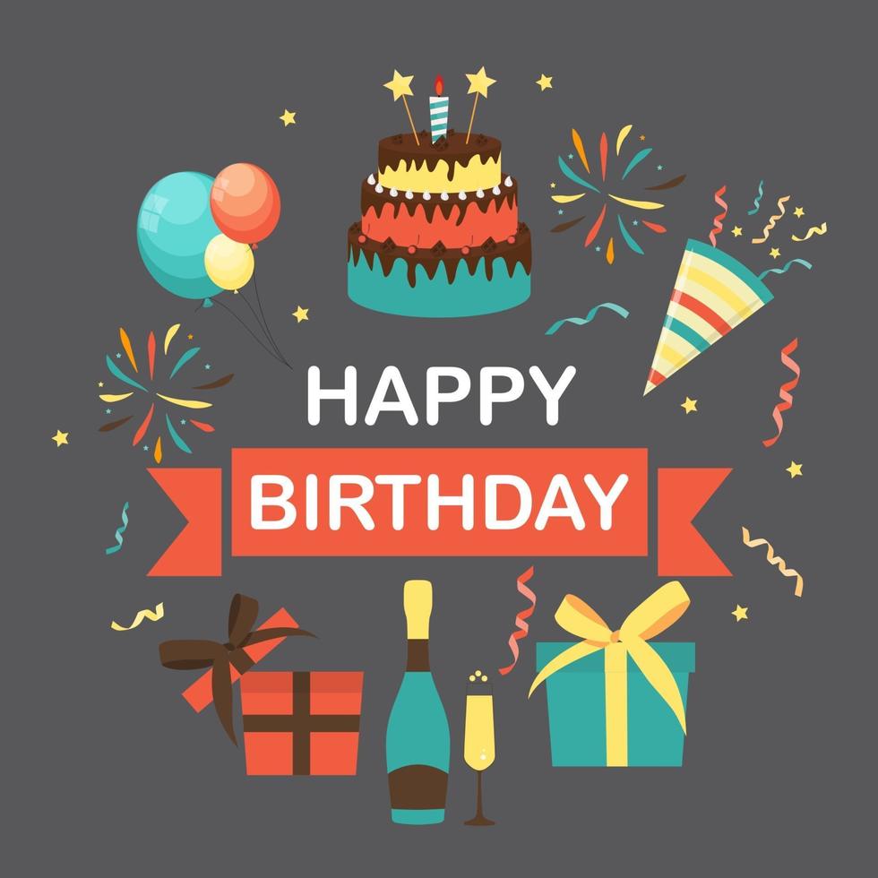 Cute Happy Birthday Background with Gift Box, Cake and Candles vector