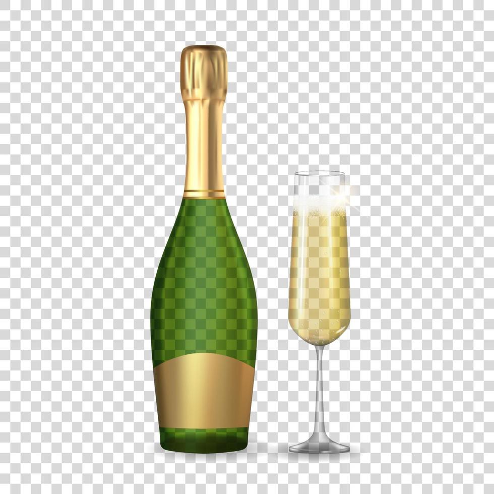 Realistic 3D champagne, Golden Bottle and Glass Icon isolated vector