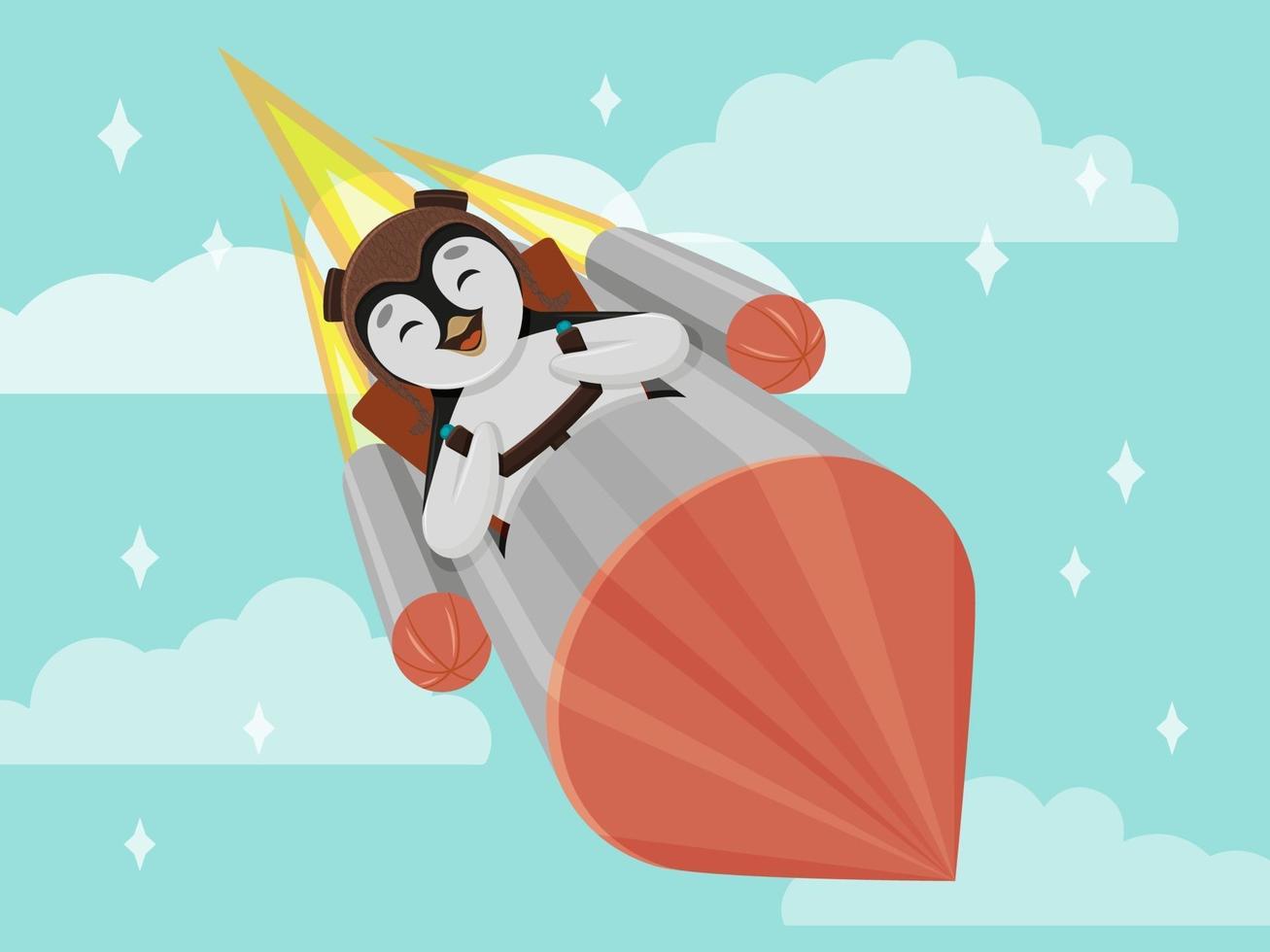 Cute Little Penguin Flying on a Rocket vector
