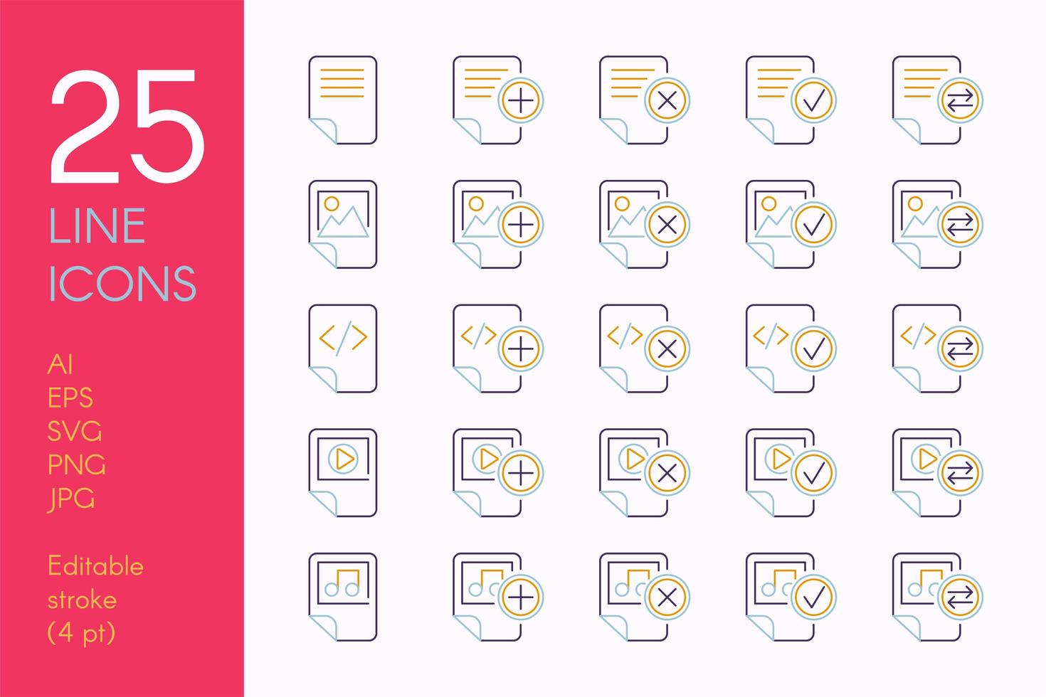 Documents and files color linear icons set vector