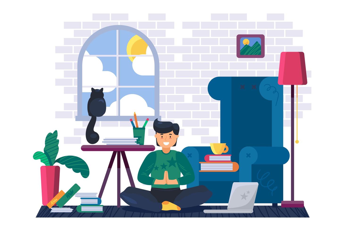 Man exercising and meditate yoga at home vector