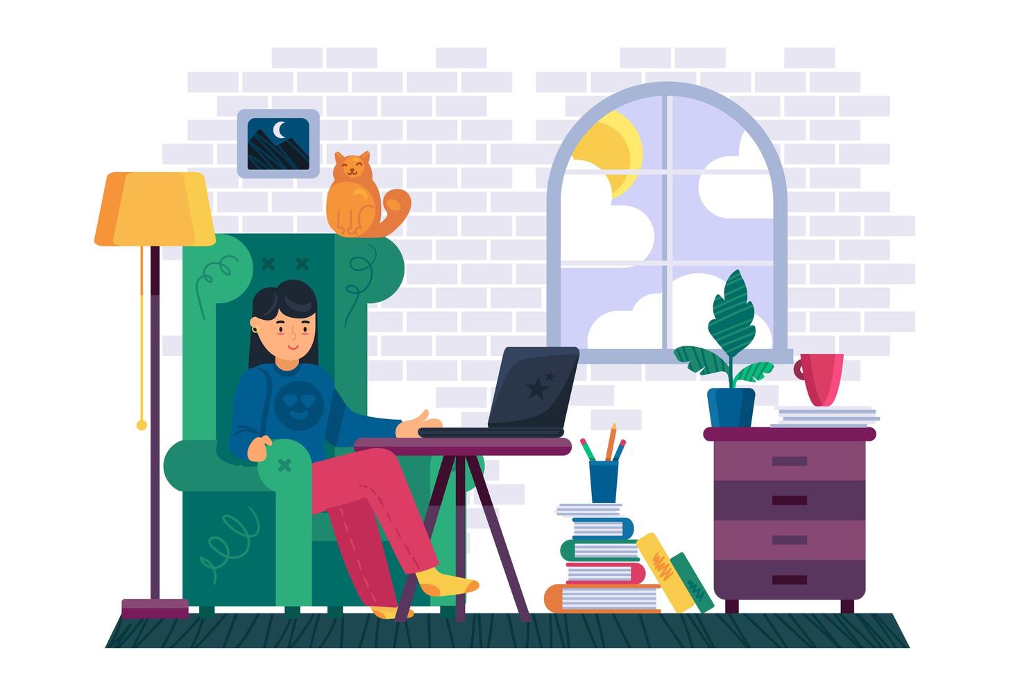 Woman remote work on laptop at workspace vector