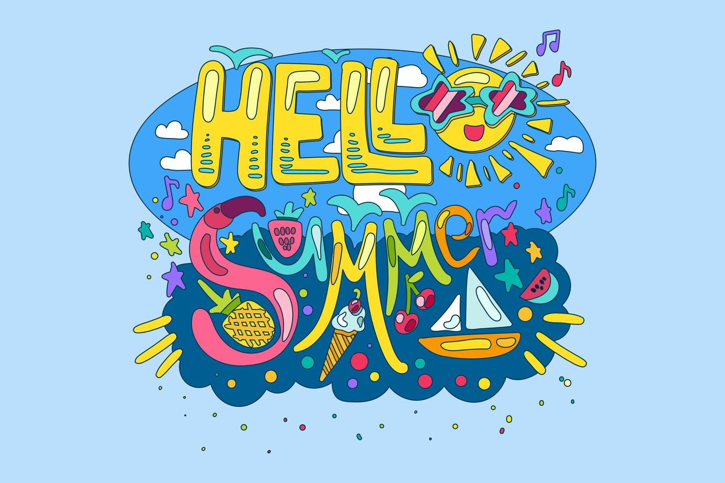 Hello summer greeting cute lettering print vector