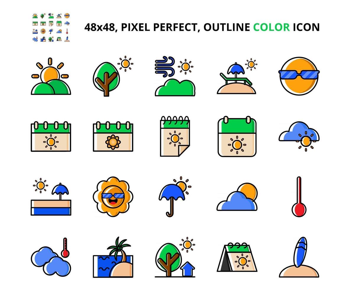 Diseño de ilustración de vector de conjunto de iconos de color perfecto pixel relacionados con el verano