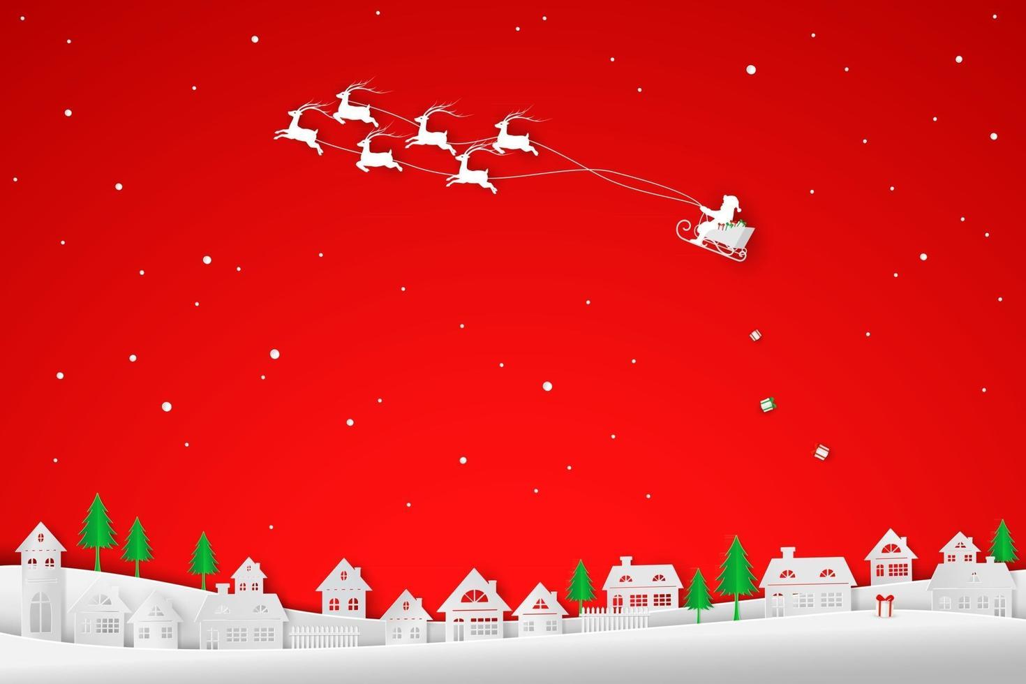 Merry Christmas and Happy New Year Santa Claus and reindeers coming to the city with gift winter season paper art and craft design vector