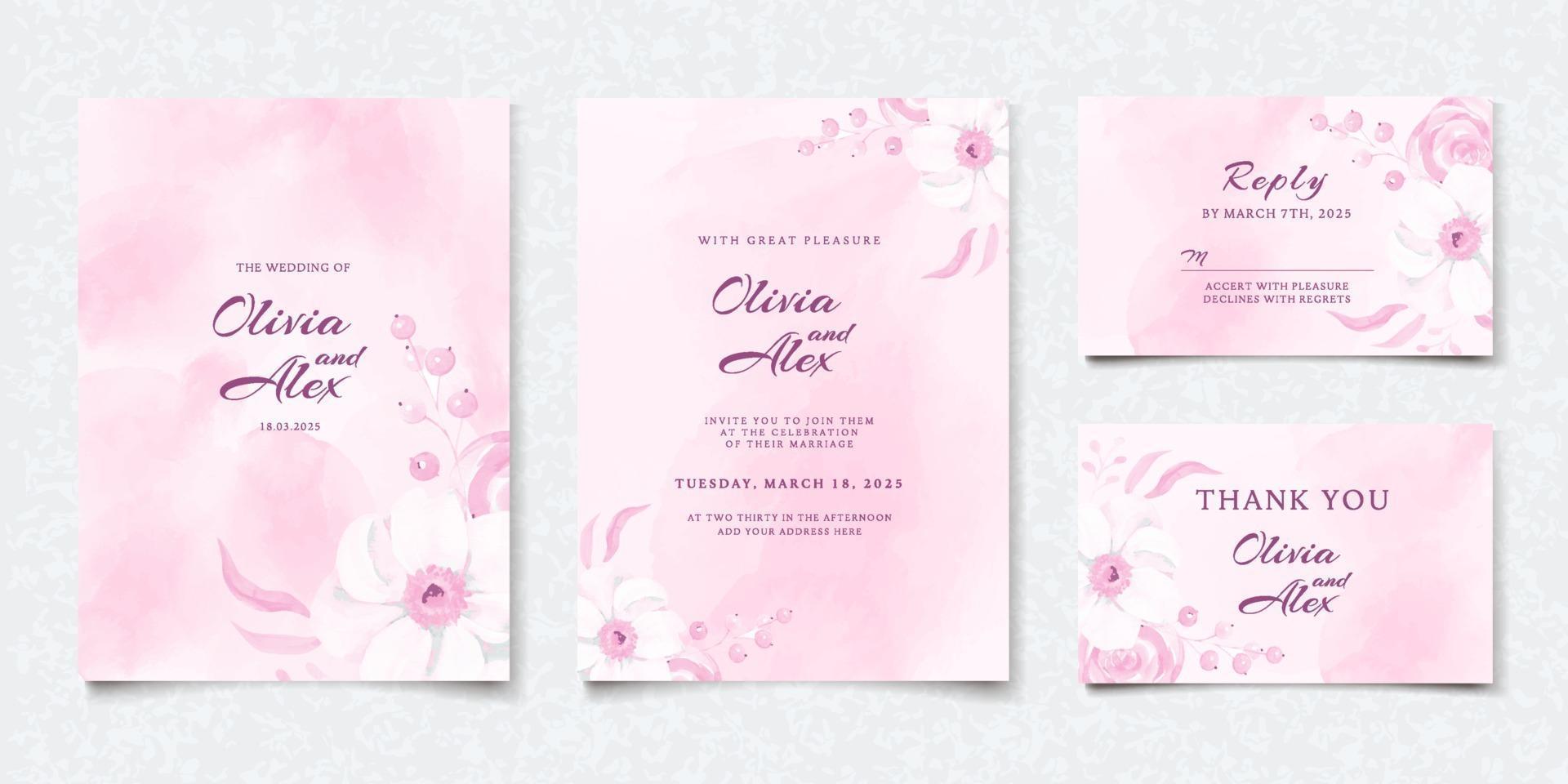 Set of watercolor pink floral wedding invitation card vector