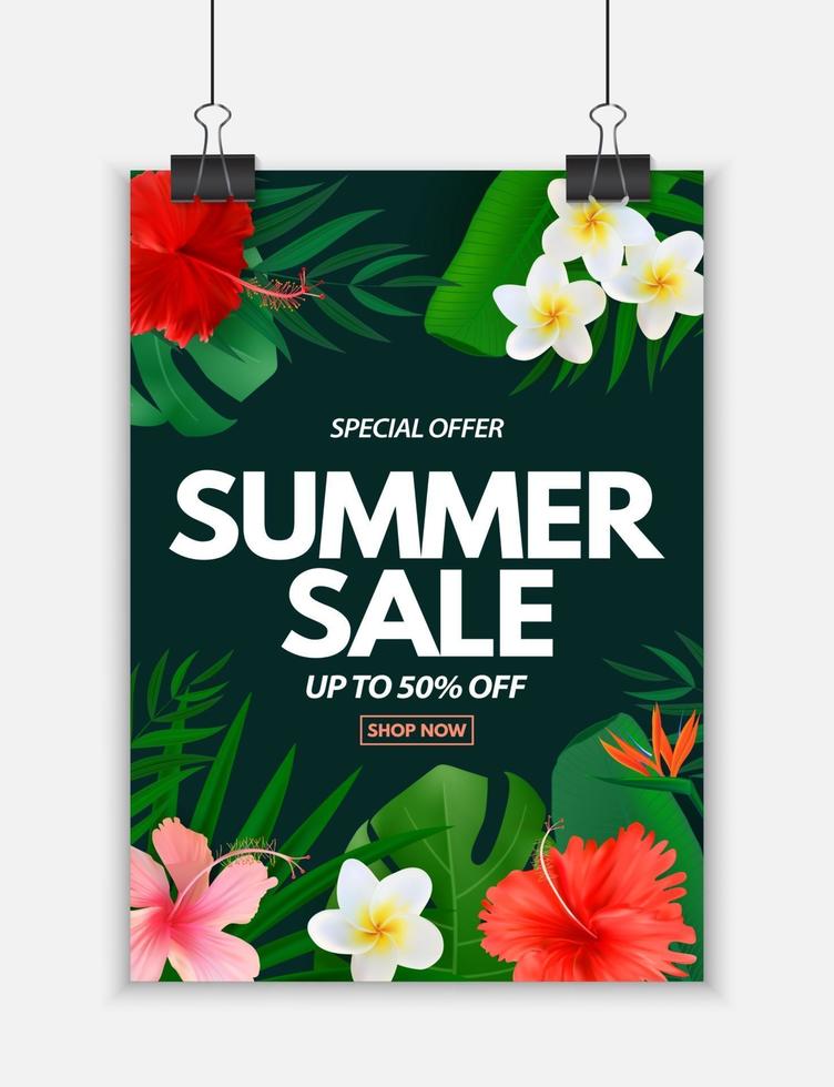 cartel de venta de verano fondo natural con palmeras tropicales y hojas de monstera flor exótica vector