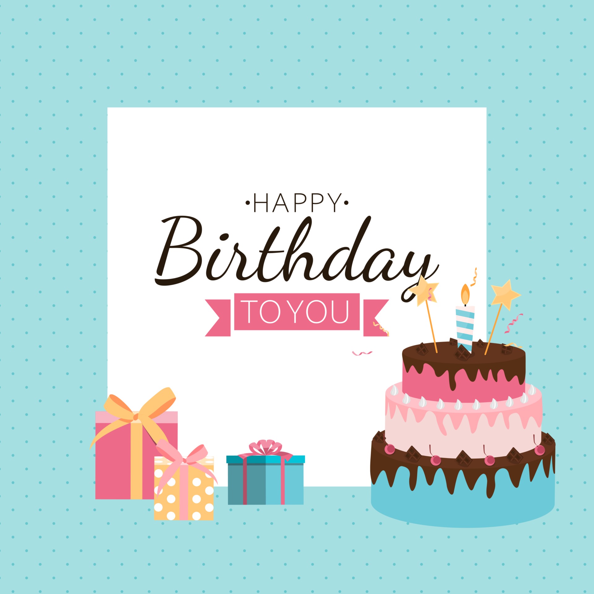 Cute Happy Birthday Background with Gift Box, Cake and Candles. 2462652  Vector Art at Vecteezy