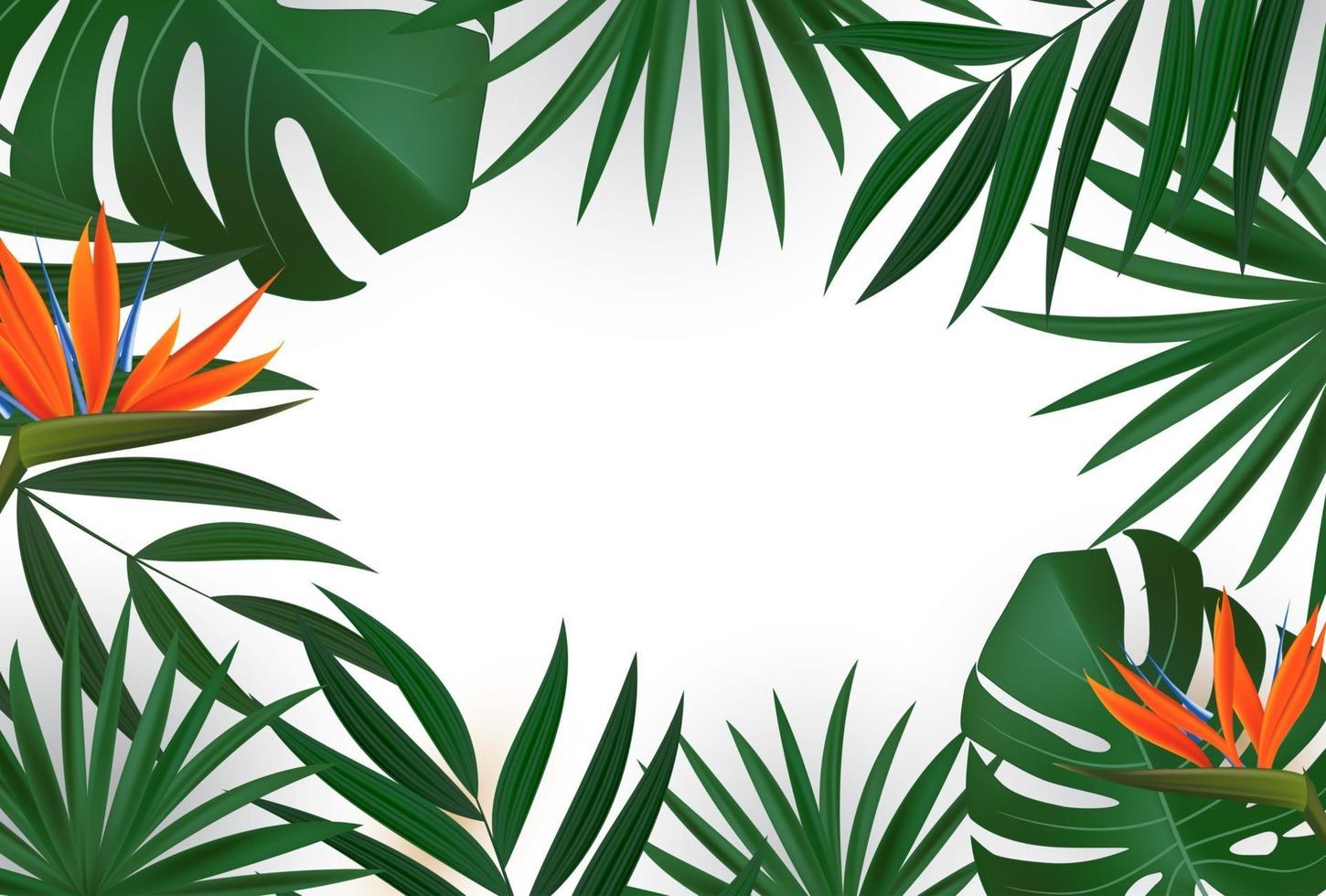 Natural Realistic Green Palm Leaf with Strelitzia Flower. Tropical Background vector