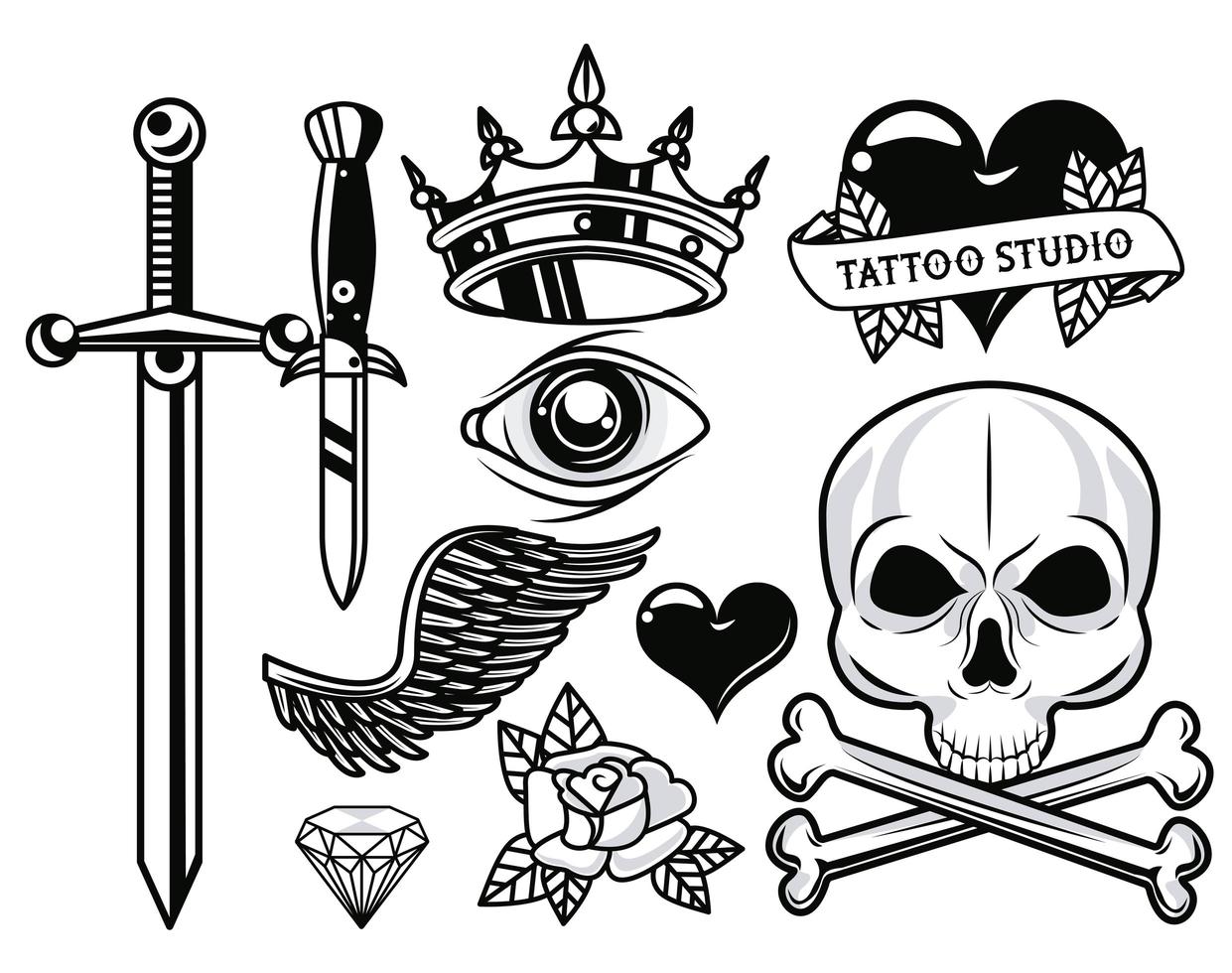 conjunto de gráficos de estudio de tatuajes monocromáticos vector