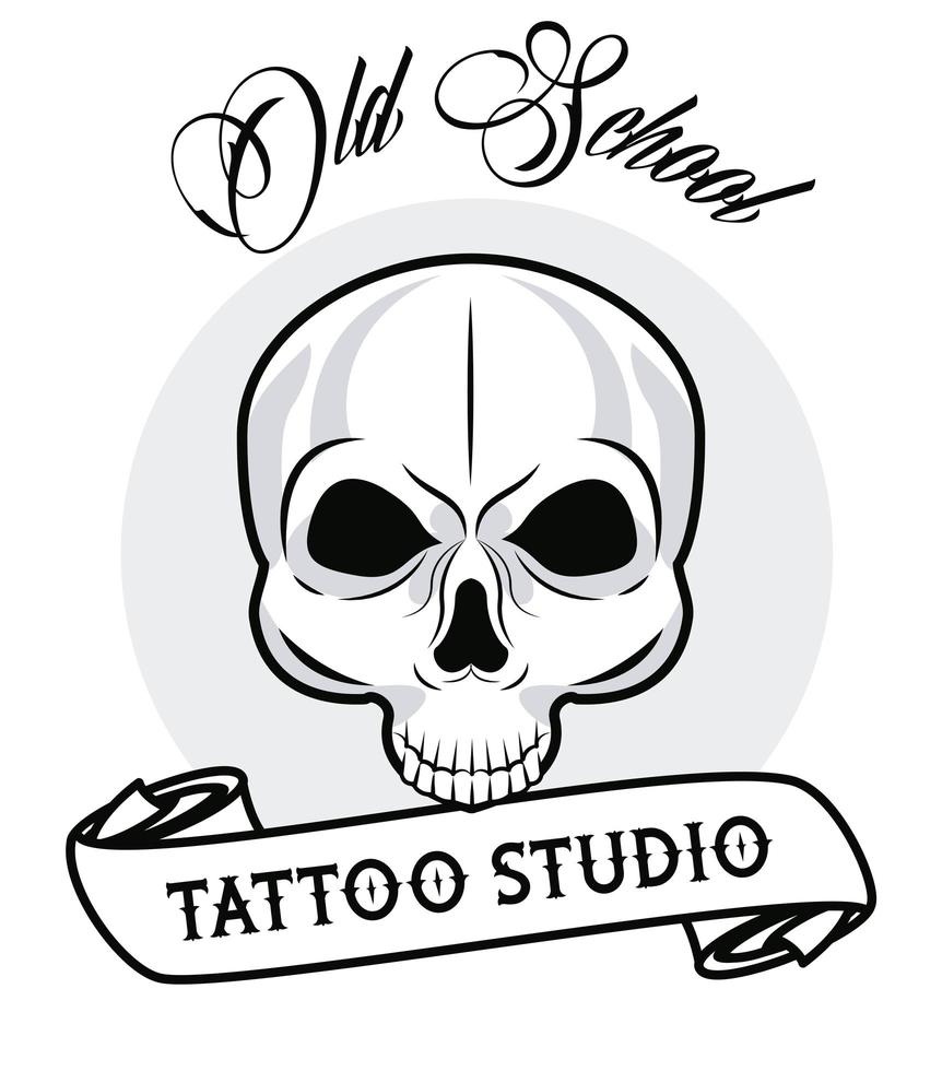 skull head with calligraphy and ribbon tattoo studio graphic vector