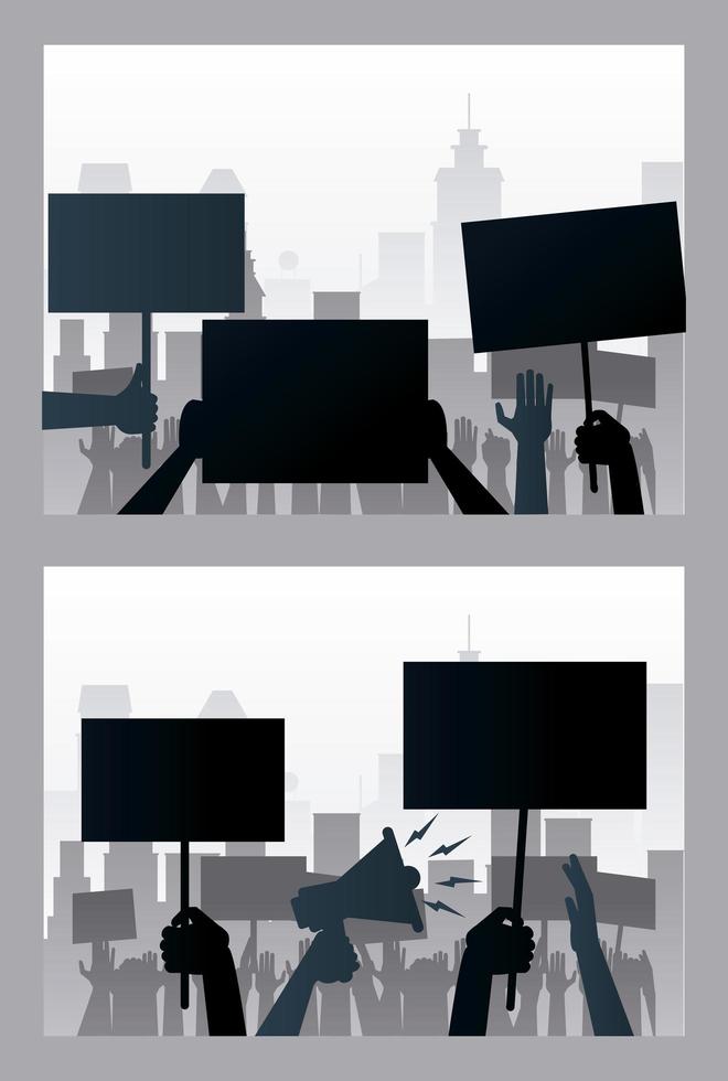 hands people protesting lifting banners and megaphone silhouettes scenes vector