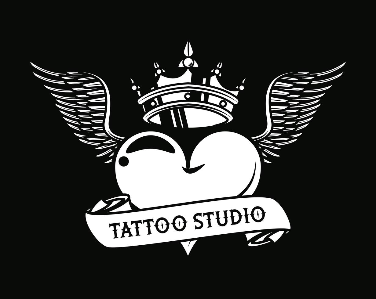 heart love with crown and wings tattoo studio graphic vector