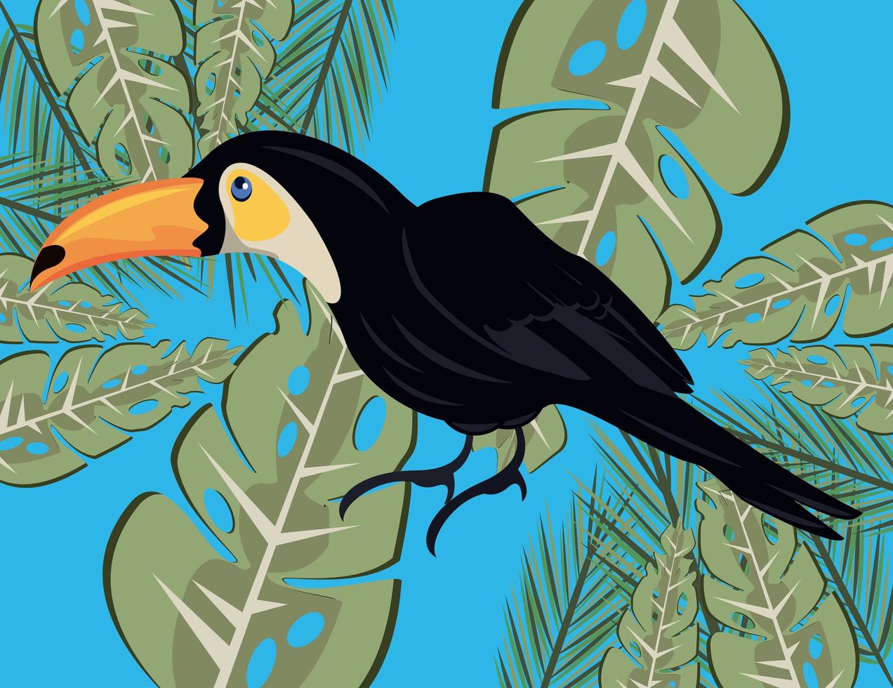 wild toucan bird and tropical leafs pattern vector