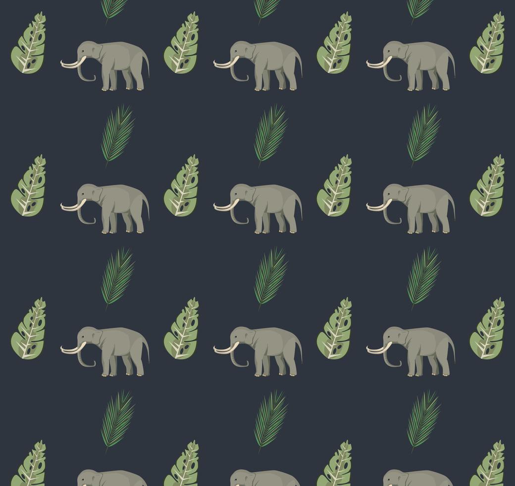 big strong elephants and leafs plants pattern vector