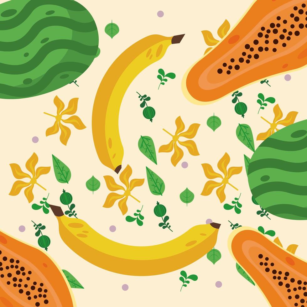 fresh local fruits with bananas and papayas pattern vector