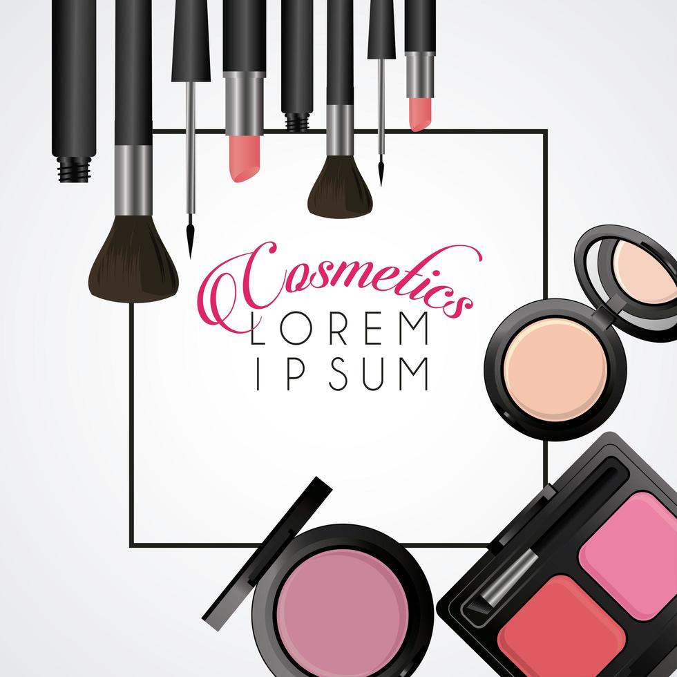 lettering and make up cosmetics square frame in white background vector